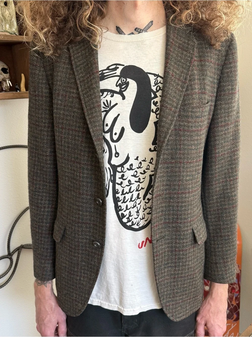 Vintage 50s 60s Tweed Wool Lined Houndstooth Plaid Blazer ~ Size M / 40R